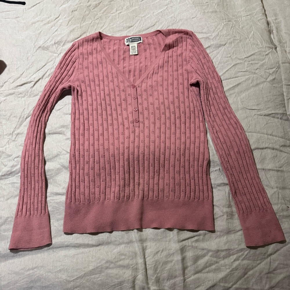 Y2K Route 66 Original Women’s Size M Pink Pointelle Knit Cardigan